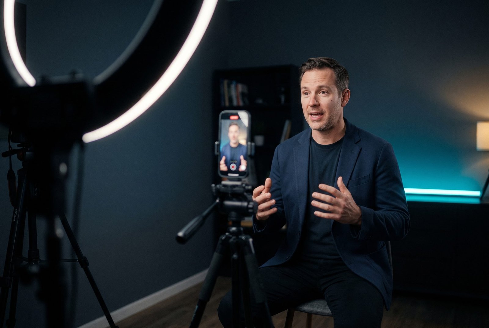 Advogado gravando conteúdo em vídeo com estrutura profissional